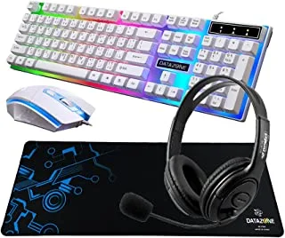 Datazone Combo Backlit, Large Gaming Mouse Pad, Pc Computer Gaming Headset 311I Black With Microphone Combo, Keyboard & Mouse White, Mouse Pad P804 Blue (G21W-B311Ib-P804Blue)