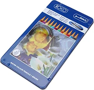 أقلام تلوين مائية عالية الجودة روكو في علبة معدنية مسطحة 12 قطعة ، متعدد الألوان