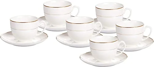 Shallow 90cc Bone China Cups and Saucers Set, White/Gold, TS-90-LIN-B, 12 Pieces