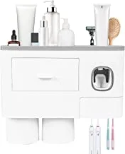 SKY-TOUCH 2 Cups Wall Mounted Toothbrush Holder, Multifunctional Space-Saving Toothbrush and Toothpaste Holder with Drawer for Cosmetics Organizer for Washroom and Bathroom, White