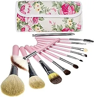 COOLBABY 12-Piece Professional Makeup Brush Set With Flower Design Bag Pink/Black