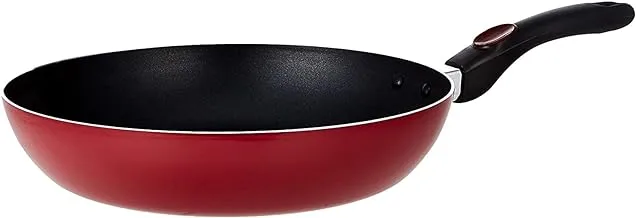 Royalford Aluminium Wok Pan with Glass Lid, 30 CM - Induction Safe Frying Pan with Durable Non-Stick Granite Coating |Frypan with Glass Lid & Heat-Resistant Handles - Cookware Casserole Pan, red