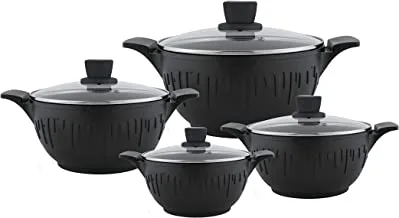 Al Saif 8 Pieces Non-Stick Aluminum Cookware Cooking Set Size: 24/26/28/30Cm, Color: Black