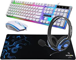 لوحة مفاتيح وماوس Datazone RGB بإضاءة خلفية G21 أبيض ، لوحة ماوس P804 أزرق مع سماعة رأس للألعاب 311M أزرق (G21W-B311MBlue-P804Blue)