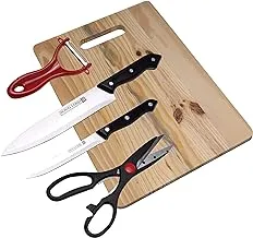 Royalford 4 Piece Kitchen Tool With Wooden Cutting Board - Multi-Colour, Cutting Vegetable Meat | Ideal For Chopping, Slicing, Mincing, Dicing, Peeling & More