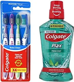 Colgate Extra Clean Medium Toothbrush - 4Pk + 1 Colgate Plax Freshmint Mouthwash - 500 Ml