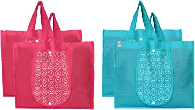 Fun homes shopping grocery bags foldable, washable grocery tote bag with one small pocket, eco-friendly purse bag fits in pocket waterproof & lightweight (set of 4,pink & blue)
