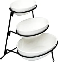 Shallow 3 Tier Porcelain Oval Bowl Set With Stand, White, Dy1475