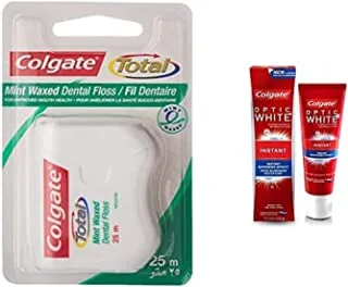 Colgate Total Dental Floss Waxed Floss Mint - 25M + 1 Colgate Optic White Instant Teeth Whitening Toothpaste,75Ml