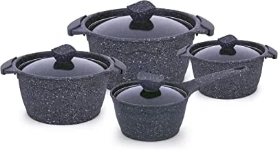 Al Saif 8 Pieces Non-Stick Aluminum Cookware Cooking Set Size: 20/24/28/18Cm, Color: Blue Granite