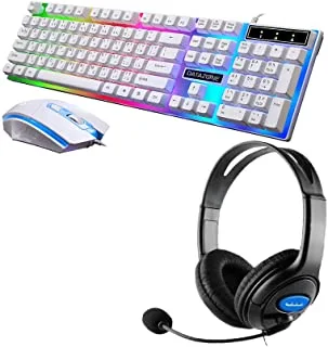 Datazone G21 Gaming LED Backlit Keyboard and Mouse White, Combo with gaming headphone 311i Blue ( G21W-B311iBlue)