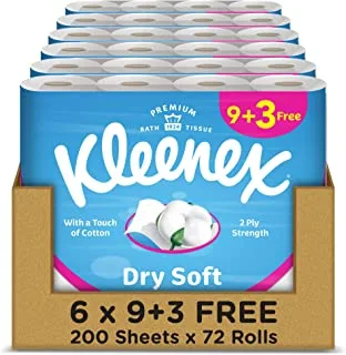 Kleenex Dry Soft Toilet Tissue Paper, 2 PLY, 72 Rolls x 200 Sheets, Embossed Bathroom Tissue with a Touch Of Cotton
