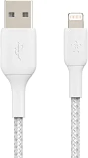 كابل Lightning مضفر Belkin (كابل شحن سريع Lightning إلى USB لأجهزة iPhone و iPad و AirPods) كابل شحن iPhone معتمد من MFi وكابل Lightning مضفر (3 متر ، أبيض)
