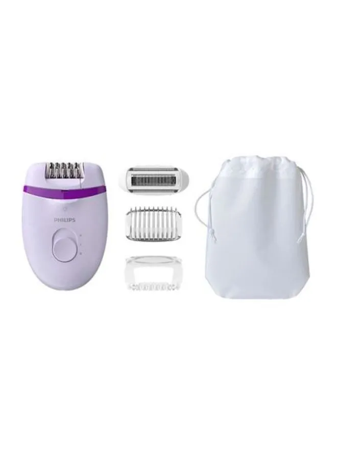 Philips BRE275 Corded Epilator With Cleaning Brush, Shaver, Shaver Comb, Massage Cap And Pouch White/Purple