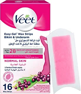 Veet Easy-Gel™ Wax Strips for Bikini & Underarm, Suitable for Normal Skin, Up to 28 Days of Smoothness, 16 Wax Strips and 3 Perfect Finish Wipes