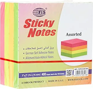 FIS Sticky Note Pads, 4 Assorted Fluorescent Colors, 400 Sheets, 3 x 3 Inch Size - FSPO334C400