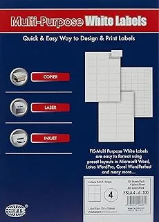 FIS FSLA4-4-100 4 Stickers Multipurpose Laser Label 100 Sheet, A4 Size, White