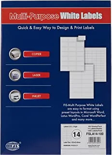 FIS FSLA14-100 14 Stickers Multipurpose Laser Label 100 Sheet, A4 Size, White