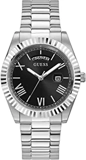 GUESS 42mm Stainless Steel Day-Date Watch with Coin Edge Bezel