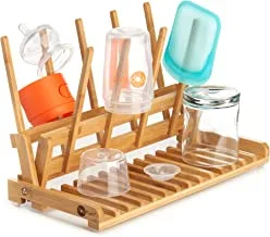 PopYum Space Saving Bamboo Drying Rack, Countertop Wood Folding Collapsible for Baby Bottle, Plastic Bag, Cup, Glass, Silicone, Water Bottle, Wooden, FSC Certified, Compact