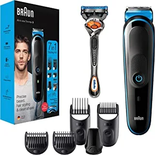 Braun Mgk 3245 All-In-One Trimmer 7-In-1 Bear Trimmer، Hair Clipper، Detail Trimmer، Rechargeable، With Gillette Proglide Razor، Blackblue