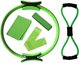 Arabest Pilates Ring - 5 Pack Yoga Ring Set with Dual Grip, Magic Circle Pilates Ring for Home Workout, Toning, Fitness, Pilates Equipment Kit with Figure 8 Band, Resistance Stretching Strap(Green)