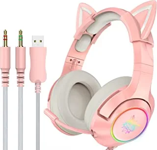 HeadsetONIKUMA K9 3.5mm Wired Gaming Headset Removable Cat Ears Headphones Noise Canceling E-Sports Earphone with Microphone RGB LED Light Control Mute Mic for Desktop PC