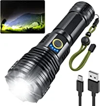 LED Flashlights Rechargeable High Lumens, 90000 Lumens Super Bright Tactical Flashlights, Xhp70.2 Zoomable Waterproof Flash Light 5 Modes for Camping, Hiking, Outdoor, Emergencies
