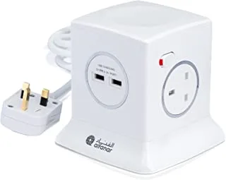 Alfanar 13A Power Extension Tower with 3 Sockets and 2 USB, 3 Meter Cable Length, Chrome