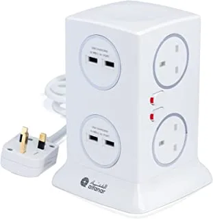 Alfanar 13A Power Extension Tower with 6 Sockets and 4 USB, 3 Meter Cable Length, Chrome