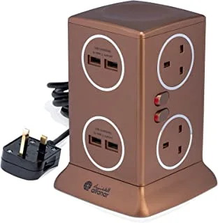 Alfanar 13A Power Extension Tower with 6 Sockets and 4 USB, 3 Meter Cable Length, Chrome Bronze