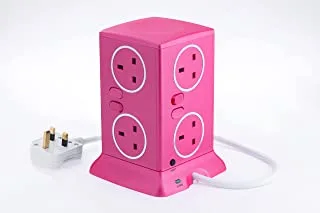 Alfanar 13A Power Extension Tower with 6 Sockets and 4 USB, 3 Meter Cable Length, Pink
